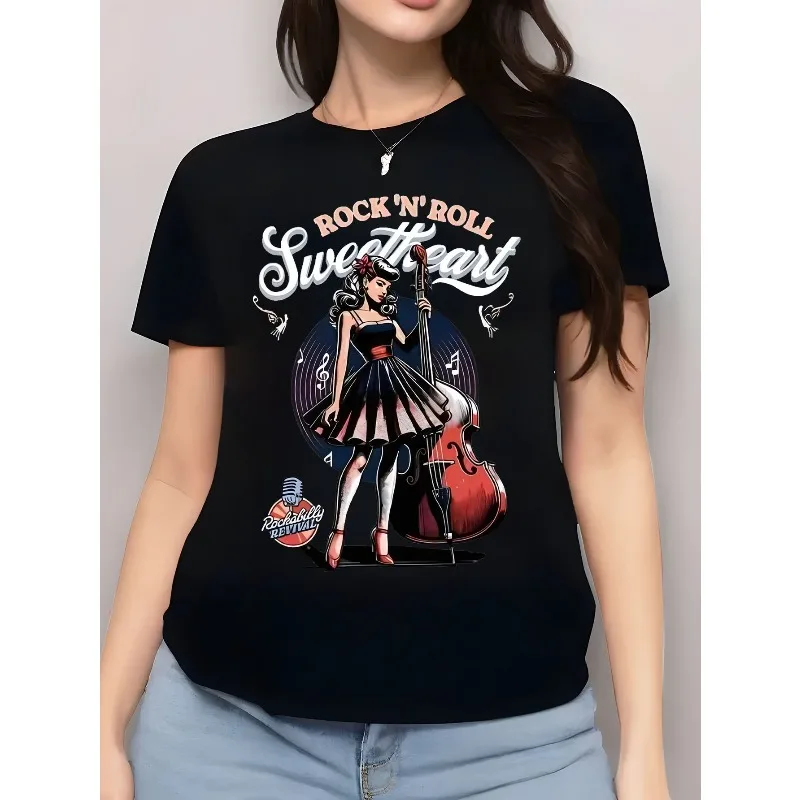 T-shirt Rock Sweetheart da donna T-shirt retrò anni '50 con motivo bellezza e rock stampato T-shirt morbida e casual per appassionati di musica di San Valentino