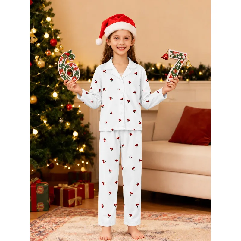 Kids Unisex Lapel Button Night Suit, Mixed Cartoon Rabbit Duck Puppy Cherry & Xmas Print Loungewear, Perfect Birthday Xmas Gift