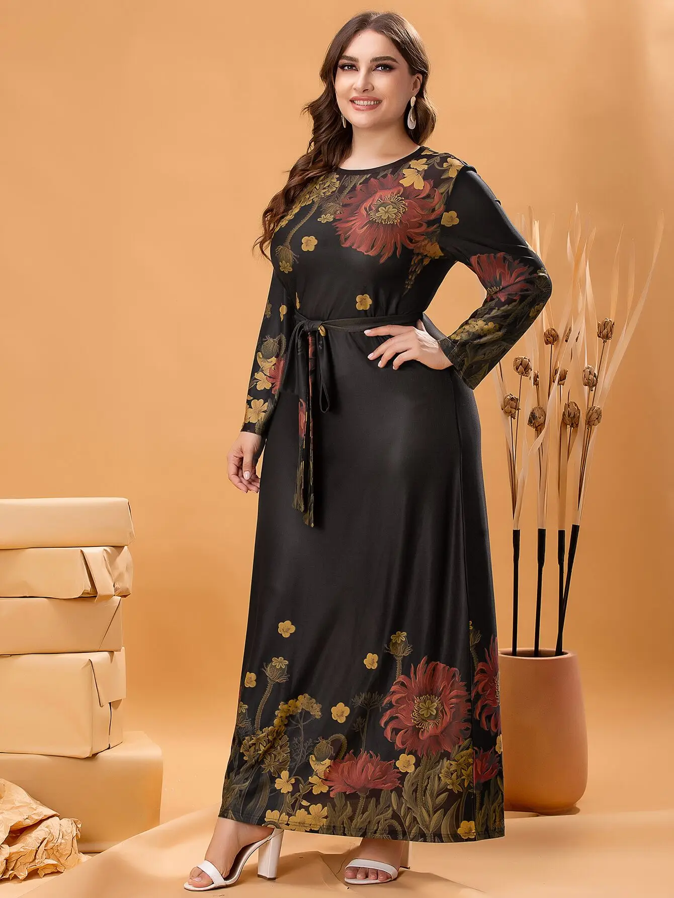 Autumn Winter Dress Long Sleeve 2024 Woman Floral Print Casual Long Dress Black Plus Size Women Clothing