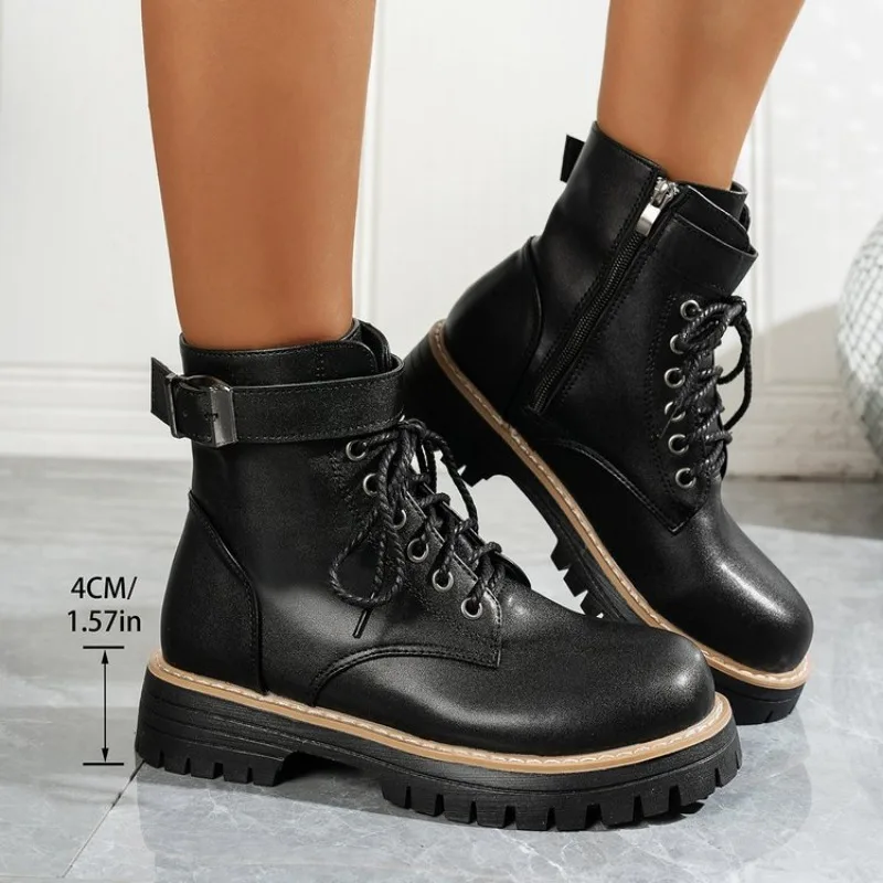 Round Toe Thi Heel Boots Women's High Heel Waterproof Platform Ort Boots Small Size Retro White Soft Leather Boots Plus Size 43