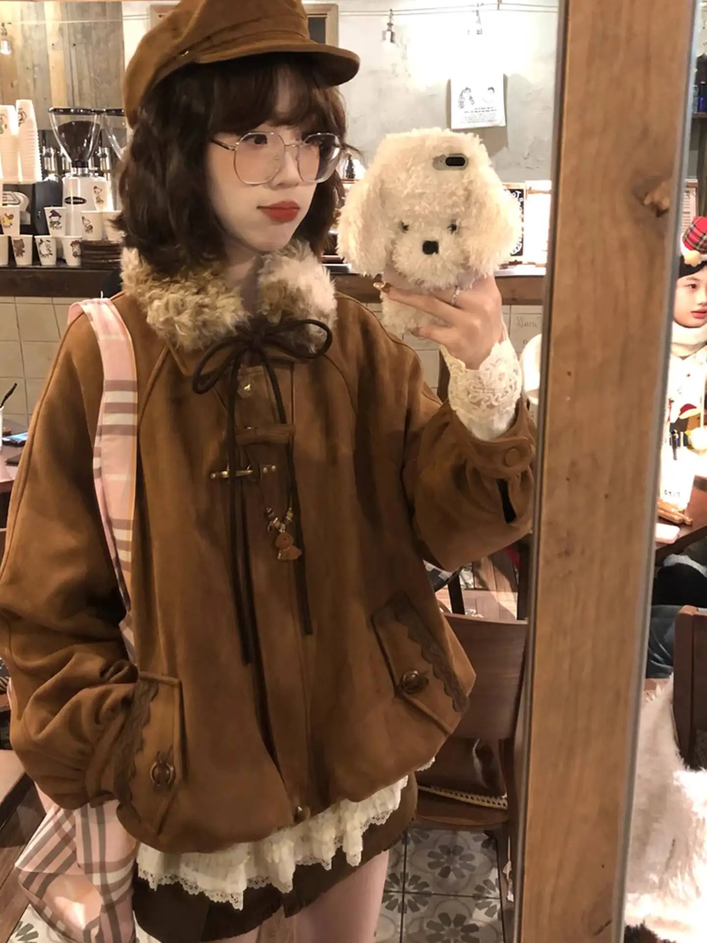 

Women's Cotton Coat Winter Bow Fleece Collar Suede Padded Coat Thick Warm Vintage Loose Casual Jacket