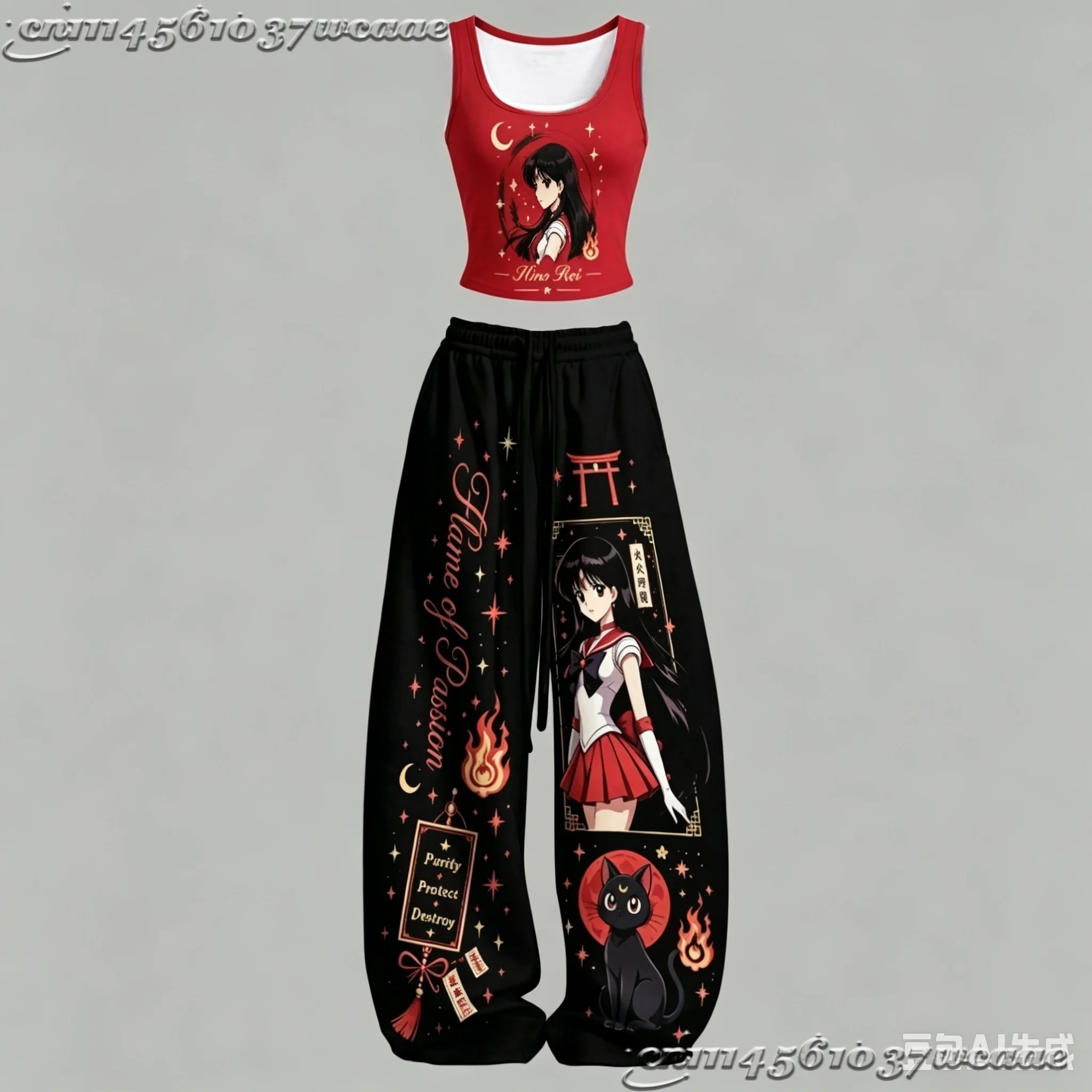 2026 New Universal Tank Top Wide Leg Pants Set Sailor Moon Pink Gradient Bow Moon Cartoon Print Two Piece Outfit Family Kids