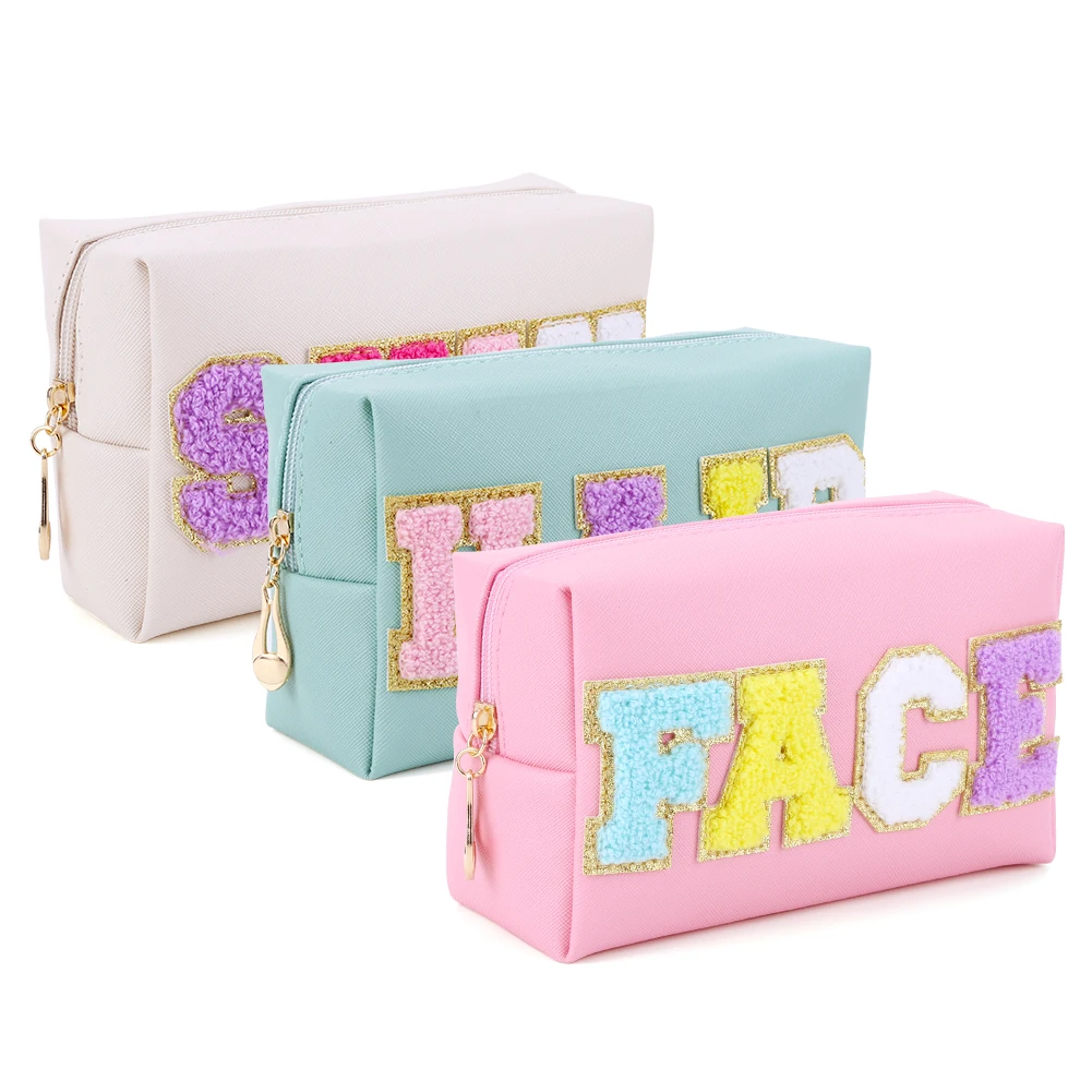 

3PCS Face Hair Skin Bag Zipper Closure Chenille Letter Makeup Organizer Bag Set PU Leather for Women for Travel Accessories