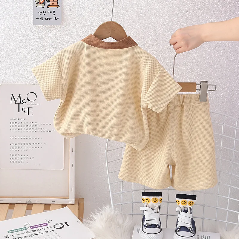 Summer Baby Boy Infant Clothes 2024 Korean Waffle Letter Turn Down Colar Short Sleeve T-shirts and Shorts Kids Boys Outfit Set