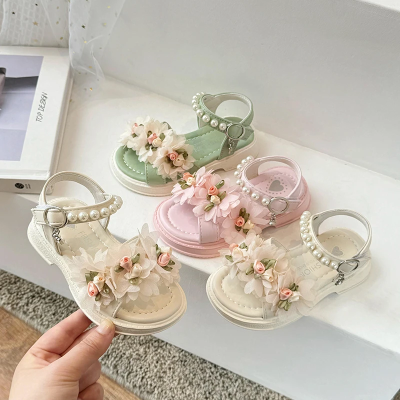 

Girls' Sandals Princess Shoes 2025 Summer New Fashionable Fairy Beach Shoes Pearl Dew Toe Matching Skirt