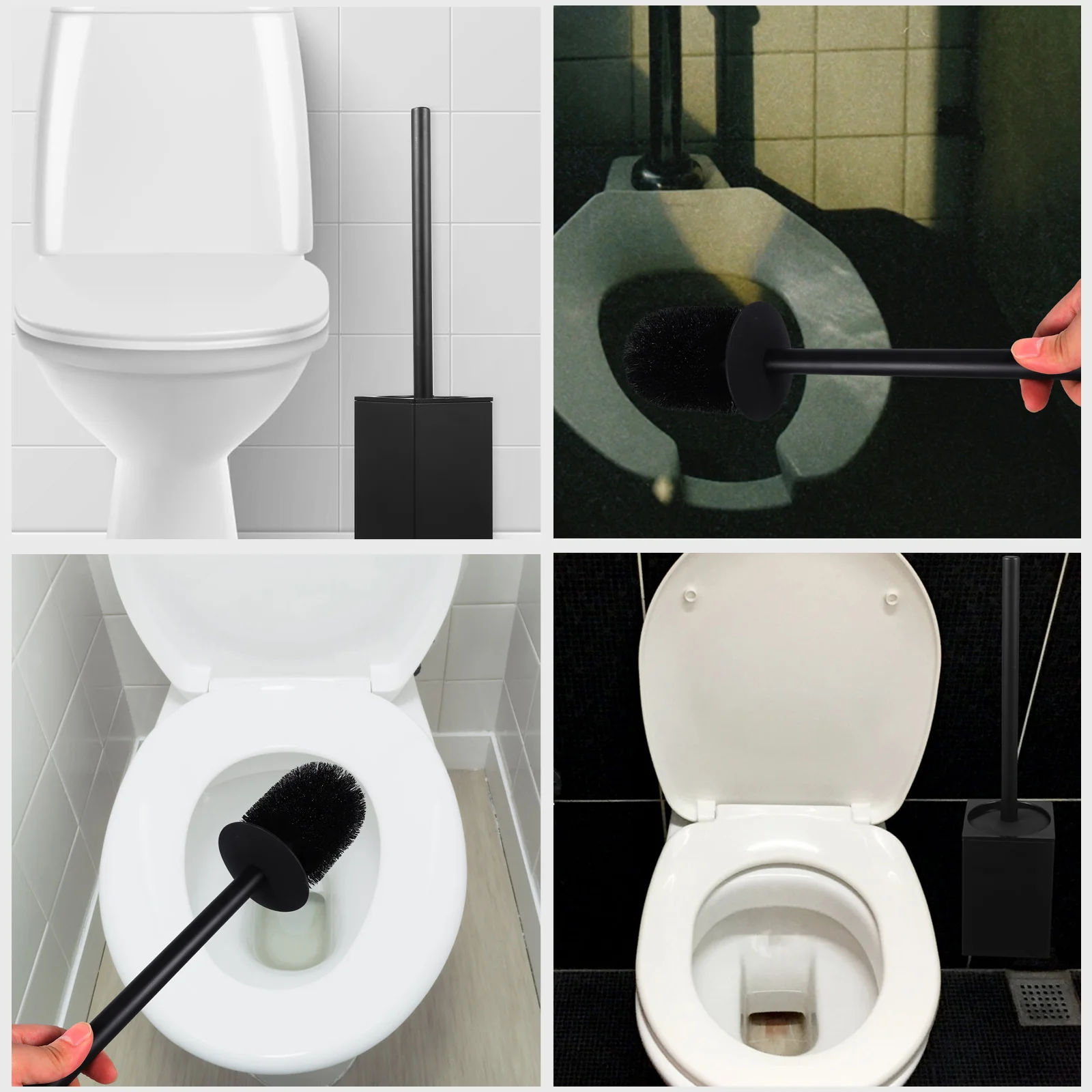 

Toilet Brush Holder Set Black Aluminum Long Reach Stain Remover Bathroom Cleaning Tools Scrub Brush Household Use Wall Mount No