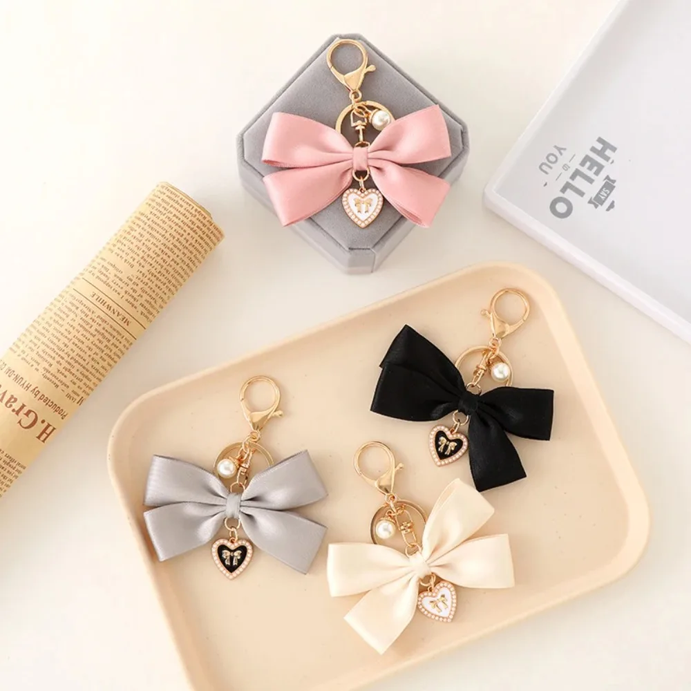 Durable Fabric Ribbon Bow Heart Pendant Keychain Heart DIY Anti-Lost Keyring Butterfly Knot Hanging Chain