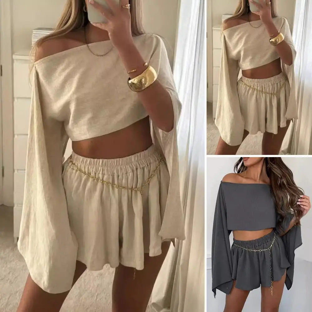 Vrouwen Slim Fit Pak Set Elegante Boot Hals Off Shoulder Dames Top Shorts Set Met Lange Slit Mouwen Effen Kleur Blouse Geplooid