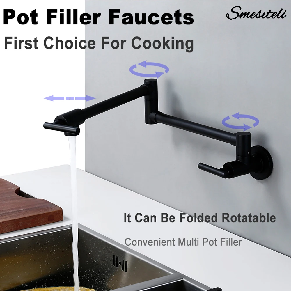 Pot Filler Faucet Wall Mount Matte Black Solid Brass Double Joint Swing Arm Folding Kitchen Tap with Single Hole