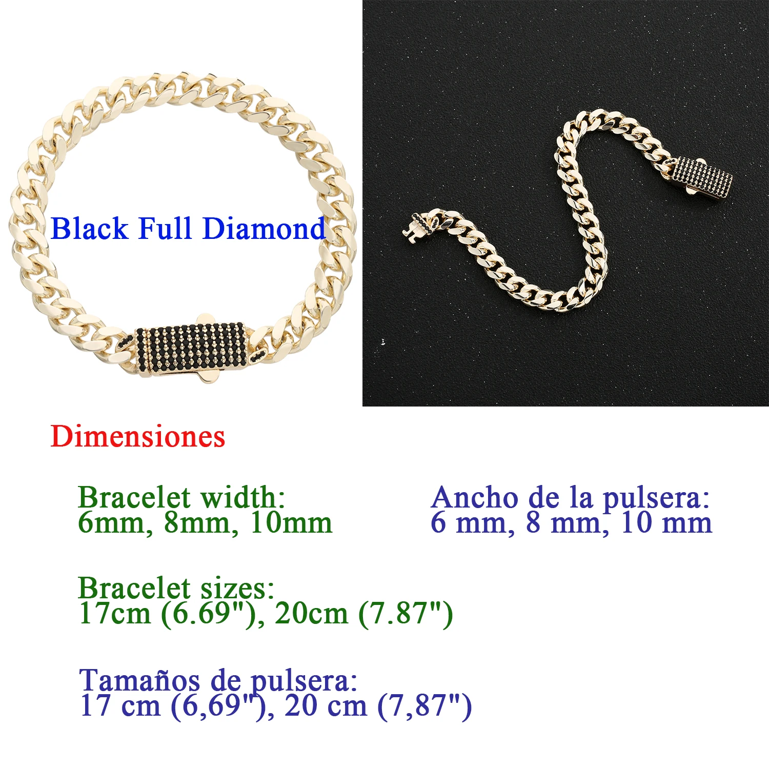 

Monaco Cuban chain black full brick bracelet 6, 8, 10 mm high quality jewelry free shipping item