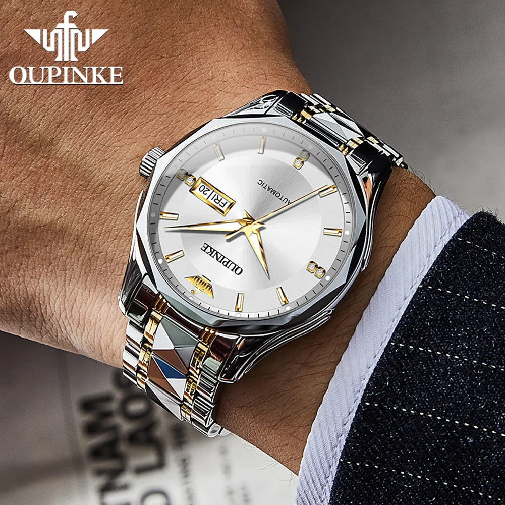 OUPINKE Men's Watches 3295 Luxury Business Original Automatic Mechanical Watch for Man Tungsten Steel Sapphire Mirror Date Week