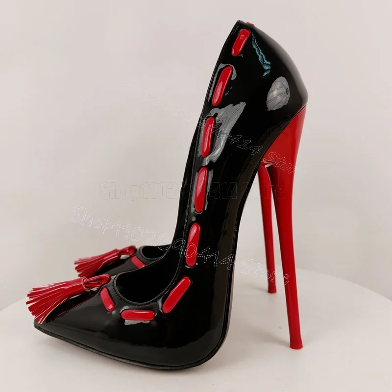Splicing Red Tassels Black Shallow Pointed Toe Pumps Slip On Women Shoes Thin High Heels Party Dating 2026 Zapatos Para Mujere