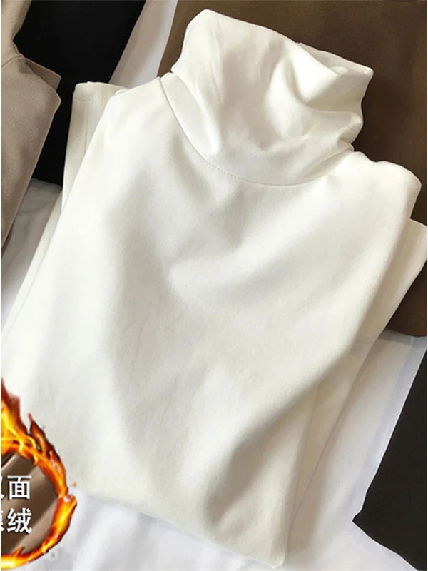 

Женская утепленная футболка Frida Flower с высоким воротником и длинным рукавом, базовый слой, корейский стиль, для повседневной носки, теплая, белая, модная.