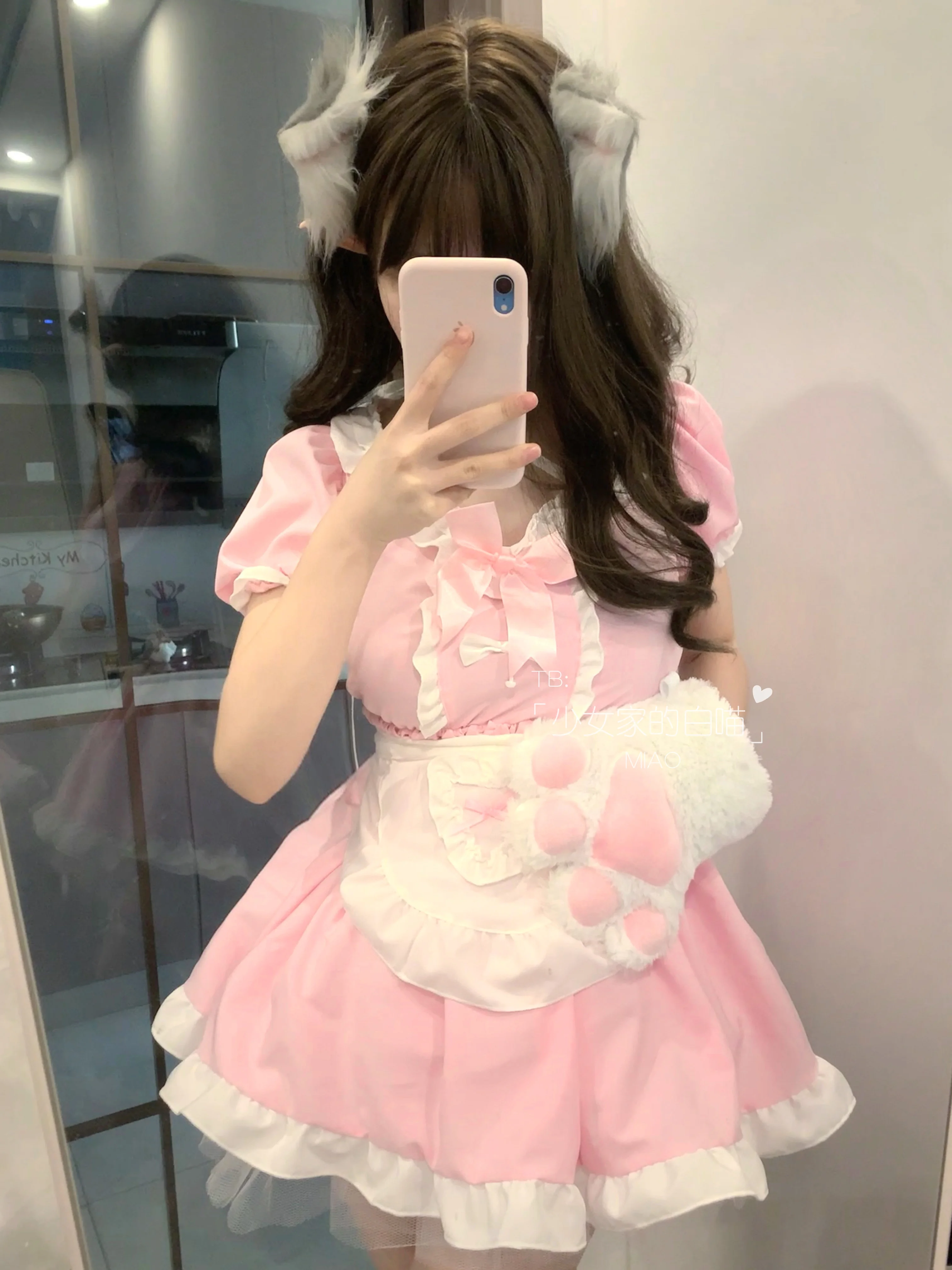 Roze Franse Meid Cos Schattige Meid Zacht Meisje Cosplay Kleding Lolita Jurk Pak Anime Diffuse Rollenspel + Schort + Kattenoorkostuum