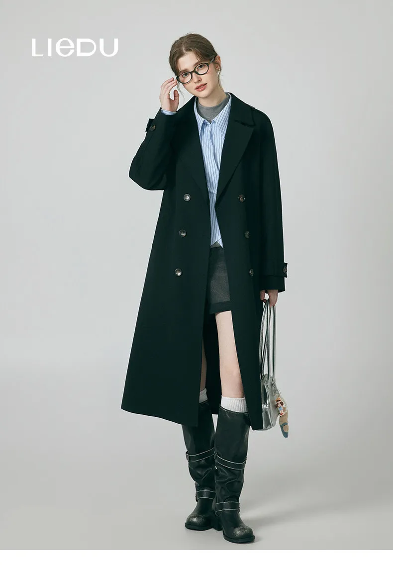 LIEDU British Vintage Elegant Long Trench Coat Plus Size Women Double Breasted Draped Lapel Collar Loose Fit Work Commute Outfit