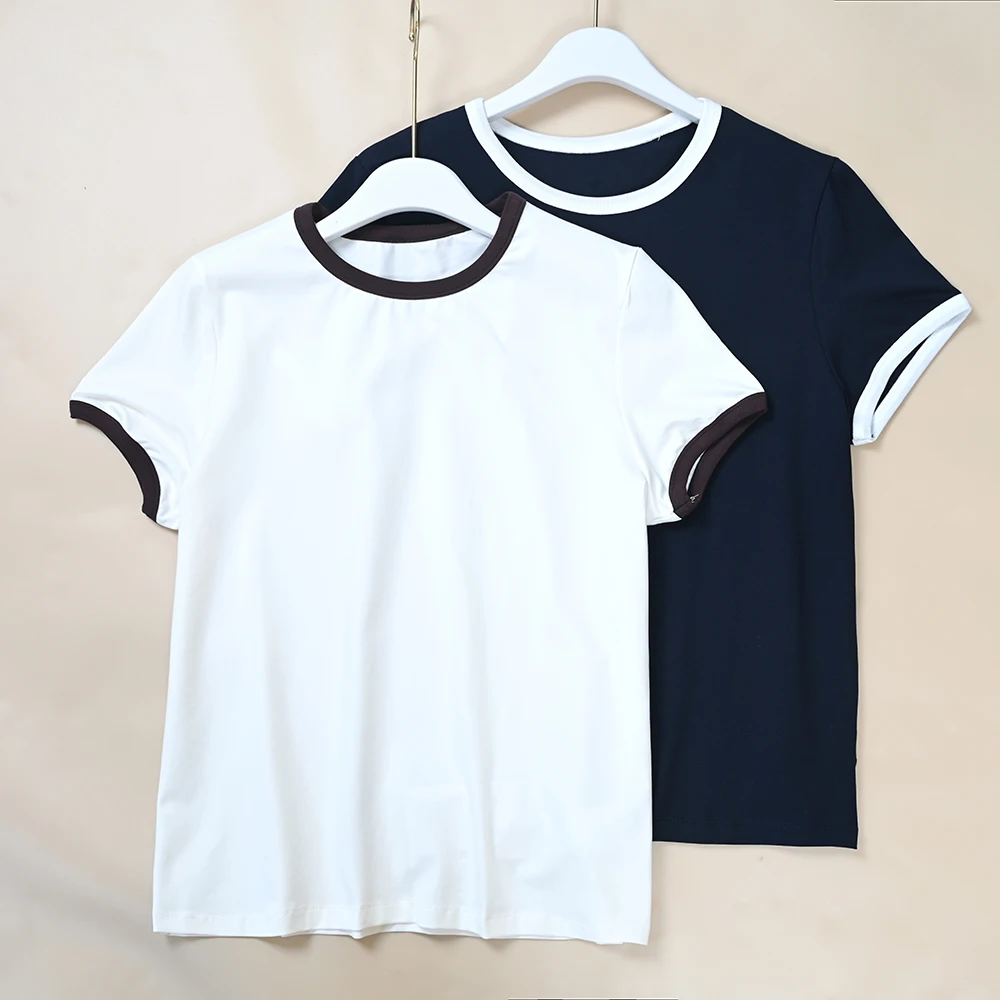 Nordic Style Women's Slim Fit Short Sleeve T-Shirt round Neck Elastic Casual Cotton Top Summer New Arrival Color Block Design