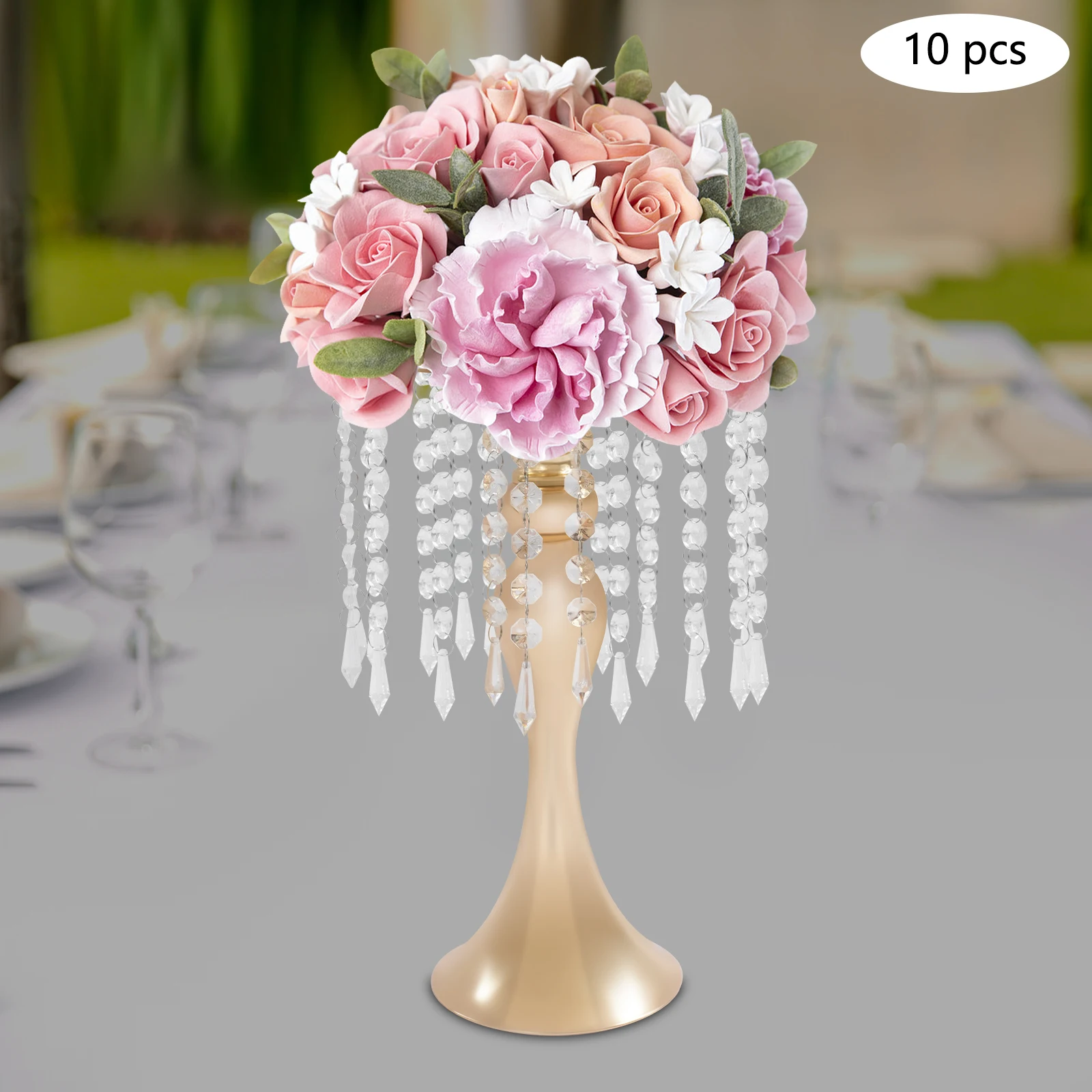 

10 Pieces 26cm Small Gold Crystal Vase Banquet Table Top Decorative Flower Base High Load-bearing Display Stand