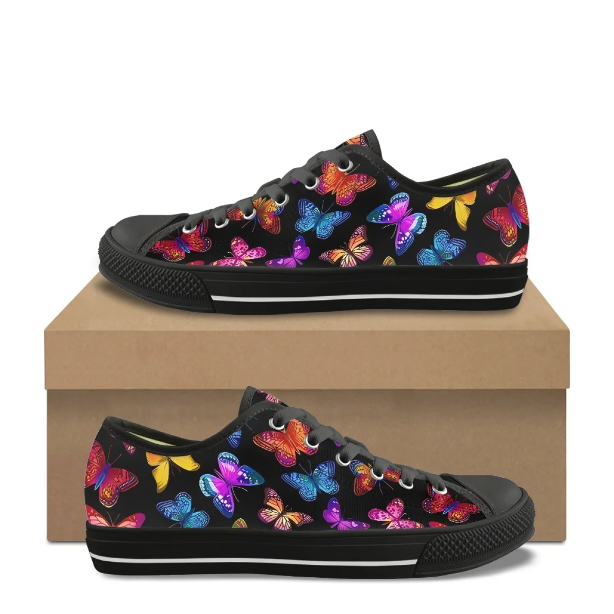 Zapatos de lona vulcanizados con punta redonda Para mujer, calzado plano con diseño de mariposa colorida, color negro, resistente al desgaste