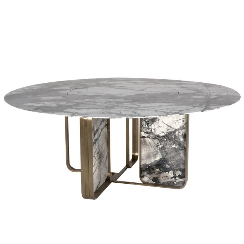 &Italian Cold River Snow Luxury Marble Dining Table High-End Restaurant Furniture Large Flat-Style Light-Luxury Turntable