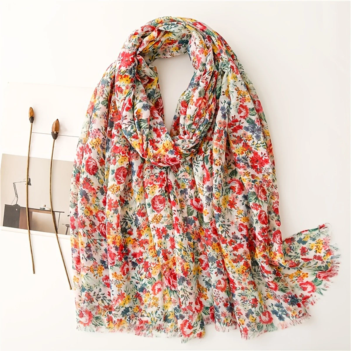 New style retro floral hair fringe versatile artistic scarf, tourist floral print, sun protection shawl for women