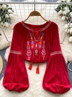 Spring Autumn Lndie Folk Embroidered Blouse Women's New Lantern Sleeves Versatile Casual Loose Bohemian Vacation Top Female D18
