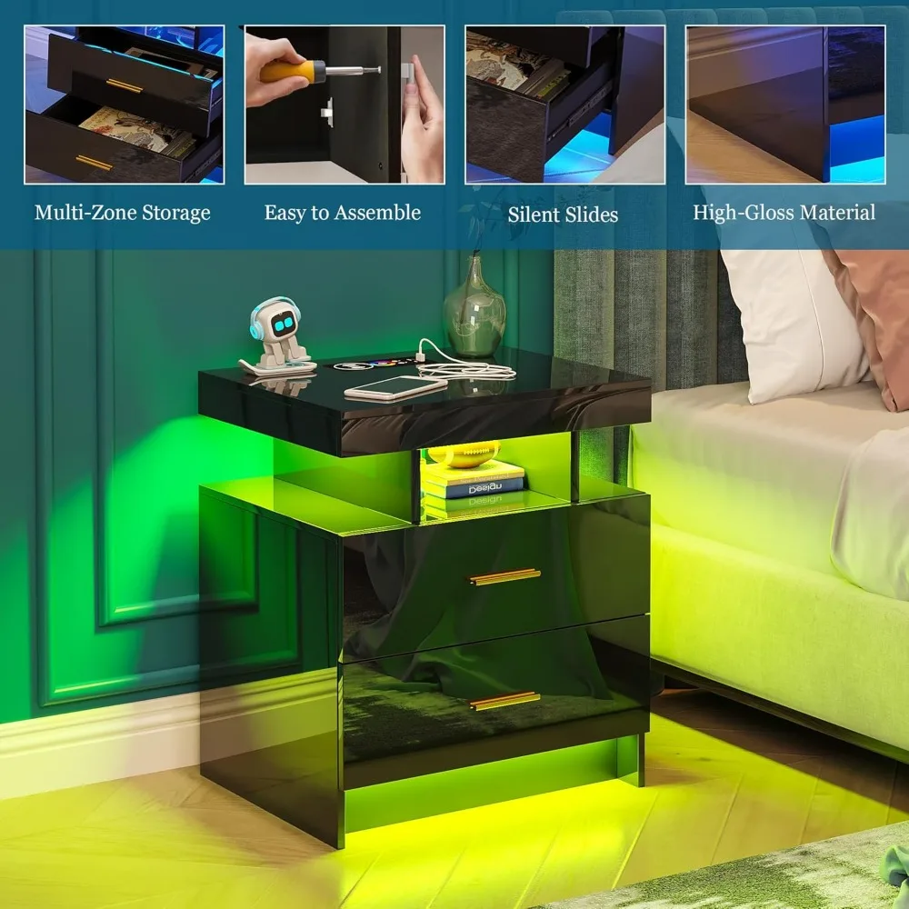 مجموعة منضدة شحن لاسلكي مع منافذ USB/Type-C وإضاءة RGB LED، وطاولات بجانب السرير حديثة لديكور المنزل الأنيق