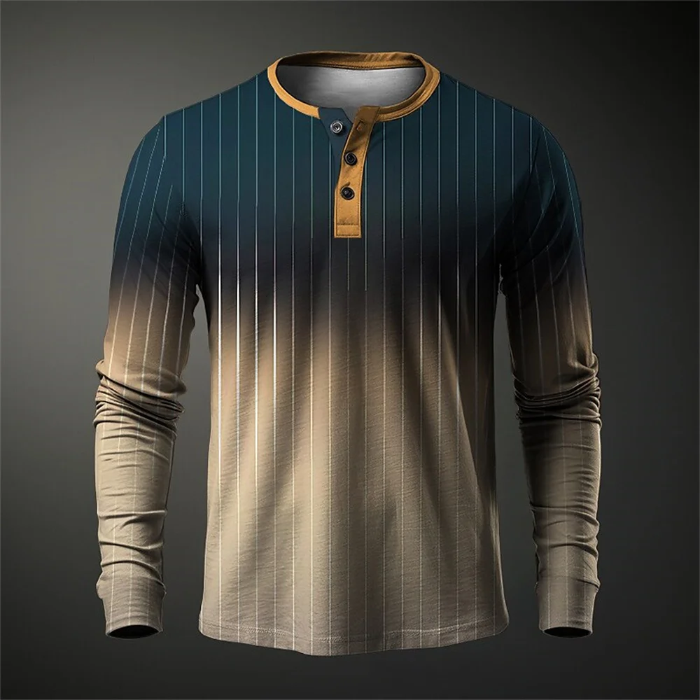 

2025 Fashion Men's Stripe Henry Shirt Gradient 3D Print Long Sleeve T-shirt Autumn Casual Oversize Button Shirts Daily Male Tops