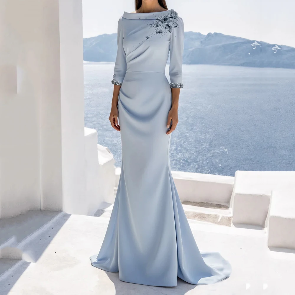 

Customized Mermaid Evening Dresses Floor-length Scoop-neck Three Quarter Sleeve Prom Gown Fashion Flowers Draped Party Gown