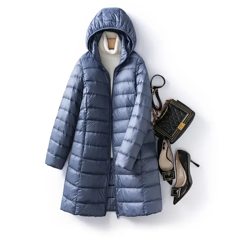 Plus Size Hat Detachable Hooded Down Coat Winter Women Light Thin White Duck Down Jacket Parkas Ladies Long Warm Puffer Outwears