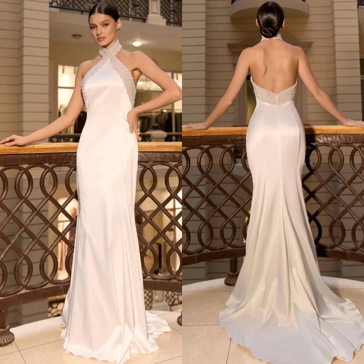 Customized White Satin Formal Wedding Dress Elegant Mermaid Delicate High Collar High Quality Bridal PartySparkly Bridal Gowns