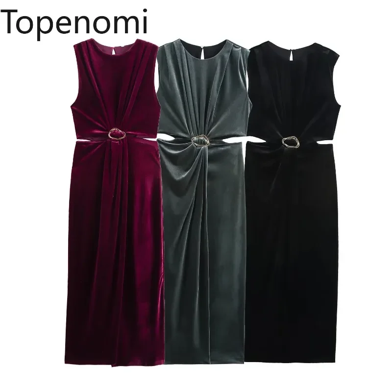 Topenomi Elegant Velvet Sleeveless Party Dress Women Autumn New Hollow Out Waist Temperament Evening Long Dresses Vintage Robe