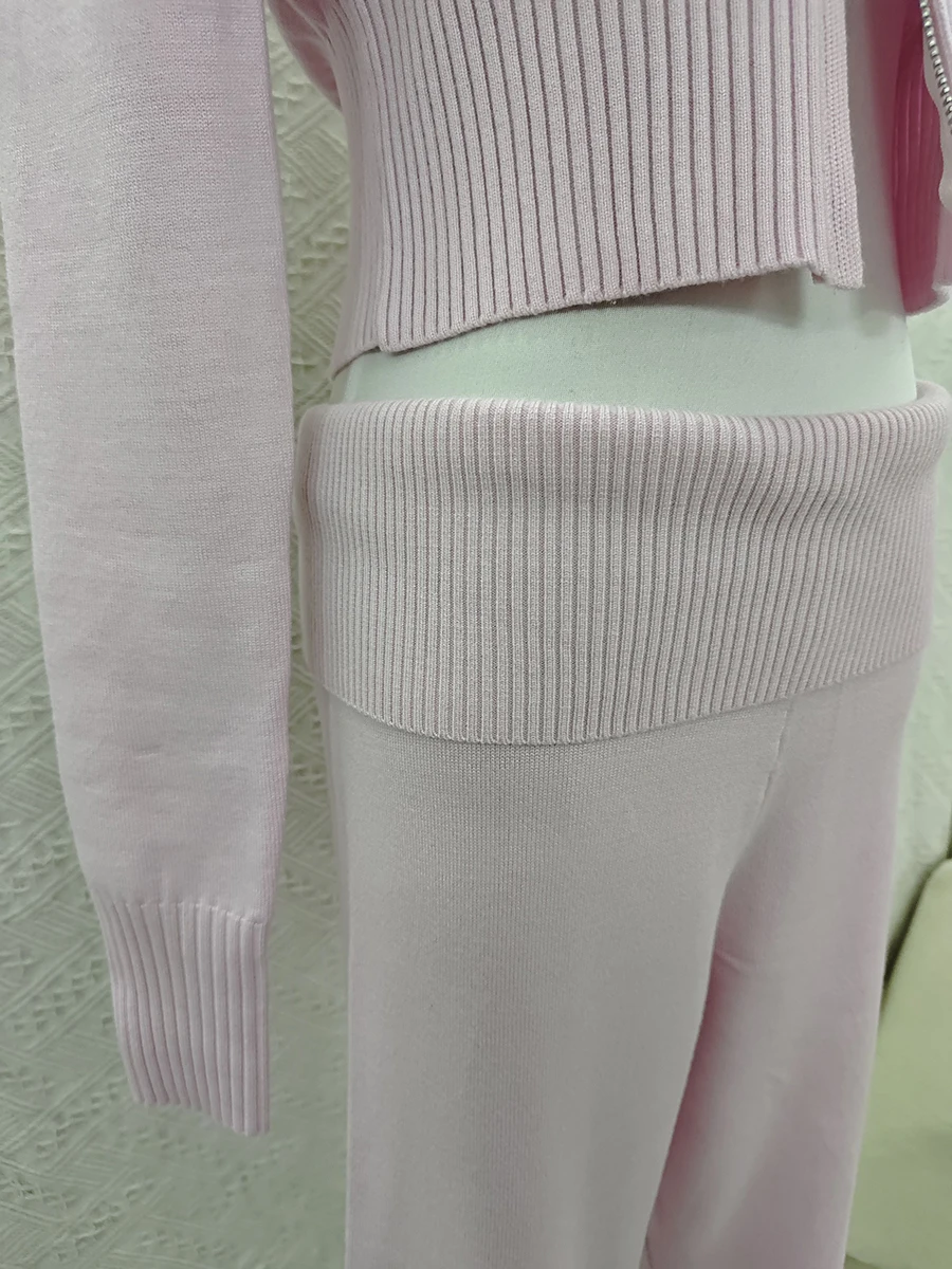 Solid Knitted Slim Cardigan Pant Set Woman Hooded Zip-up Cropped Sweater+Long Flare Pants Sweet Streetwear 2 Piece Sets Y2k