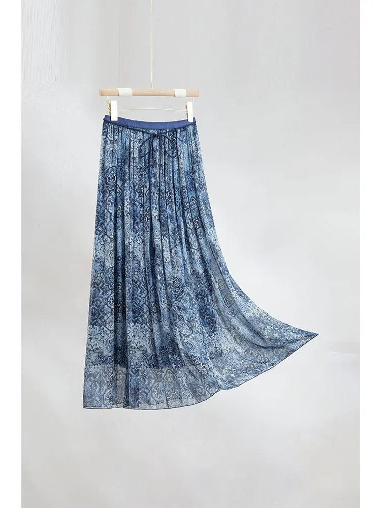 

Юбка миди А-силуэта с высокой талией, 100% шелк, с принтом, на эластичном поясе, свободного кроя, макси-юбка, женская, премиум-класса, модная, лето 2025