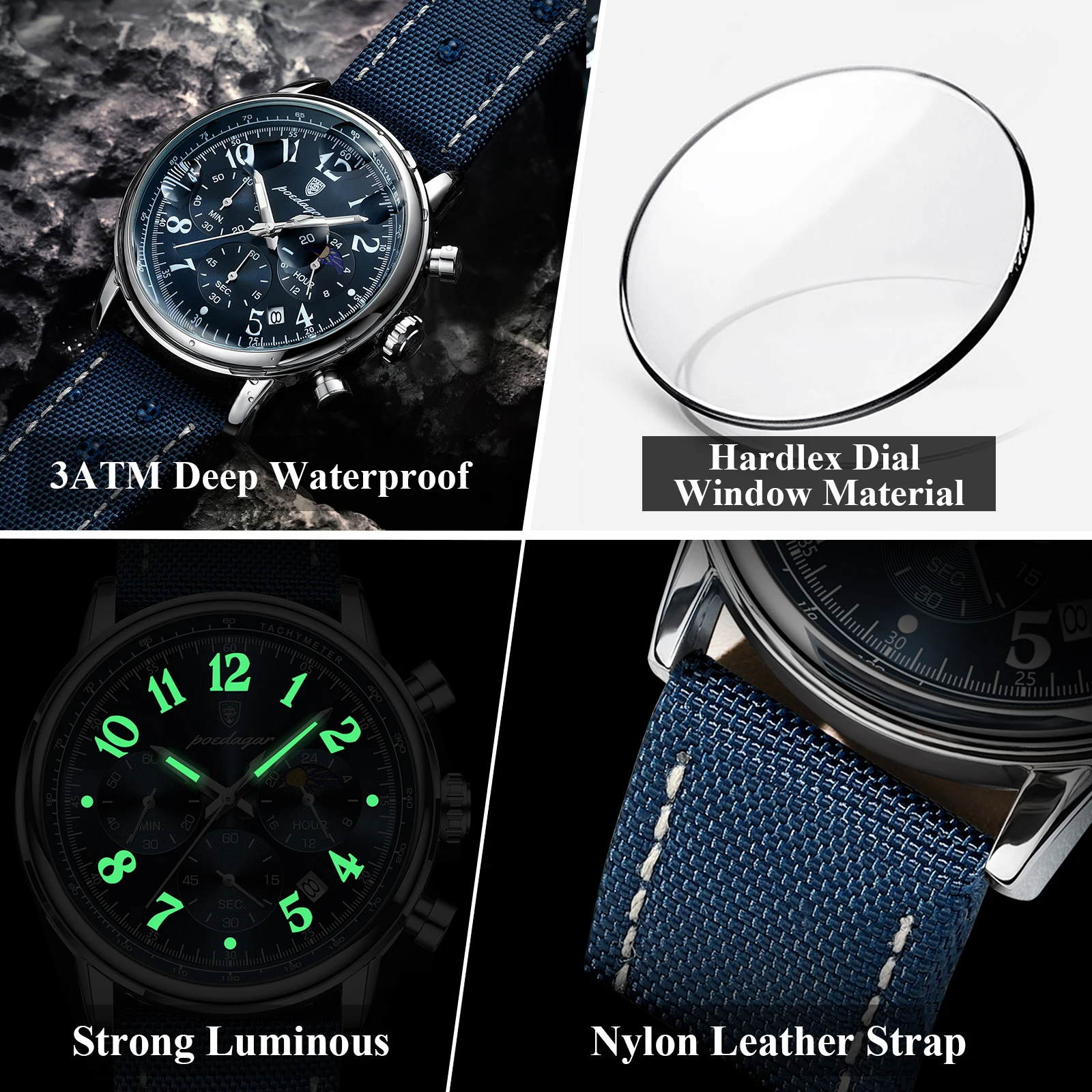 POEDAGAR Luxury Sports Military Men Watch Waterproof Luminous Chronograph Nylon Leather Date Man Wristwatch Quartz Men\'s Watches