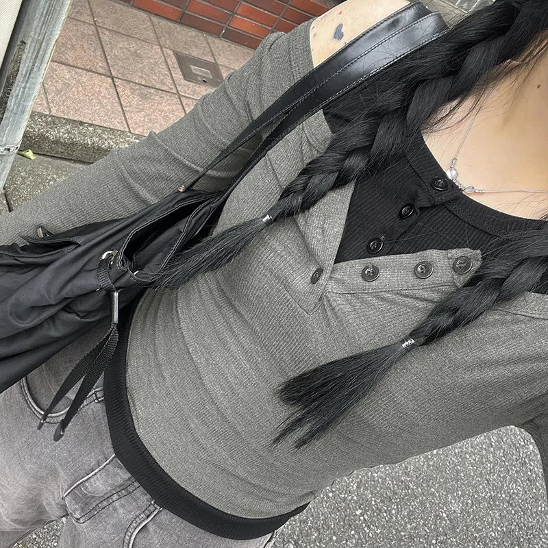 

Instagram Fashion Pure Sweet Fake Two Piece Buckle Round Neck Slim Fit Solid Color Knitted T-Shirt Women's Wear