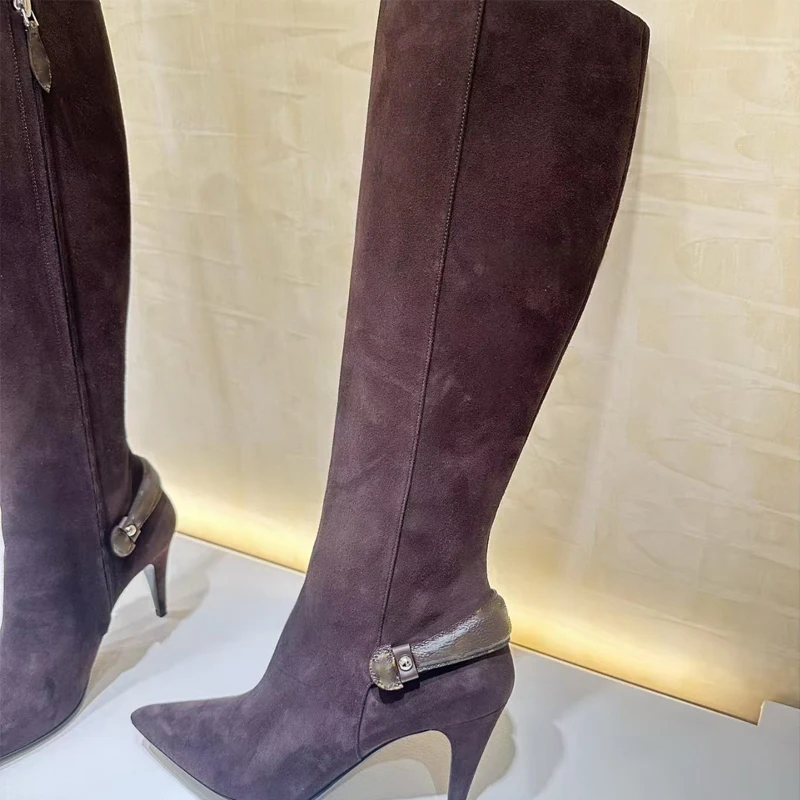 

Brown Pointed Toe Buckle Conical Heel Knee-High Boots Woman Winter 2026 Side Zipper High Heel Long Boots Fashion Shoes for Party