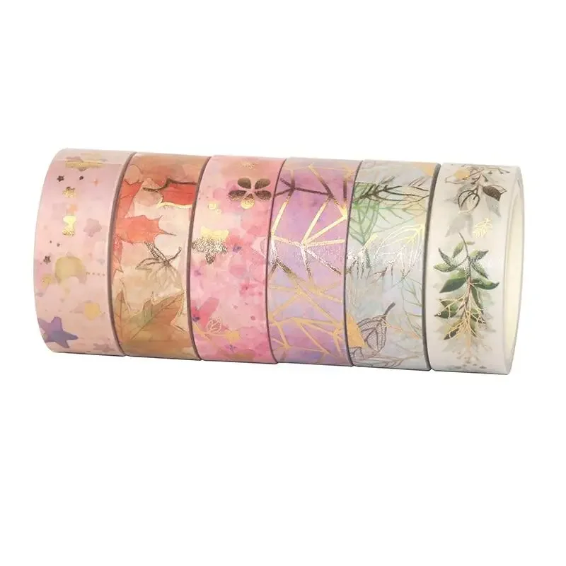 6 Pcs/Set Flower Plant Masking Tape Gold Foil Washi  Decorative Adhesive  Sticker Scrapbooking Diary Planner Stationery