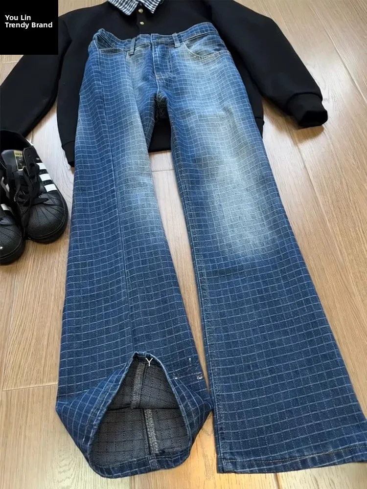 

Мужские джинсы Cleanfit Deep Blue в клетку, американские ретро-джинсы с высокой талией, слегка расклешенные, молодежные, модные, высококачественные