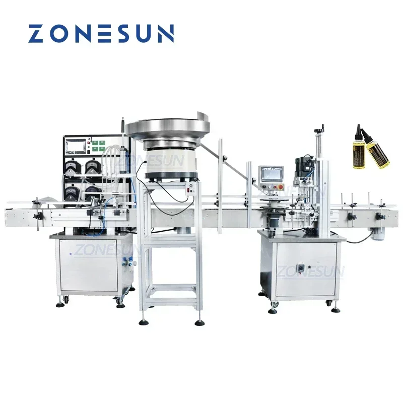 ZONESUN Completamente Automatico 4 Ugelli per Immersione Goccia Occhio Soluzione Medica Orale Pompa Peristaltica Liquida Riempitrice Tappatrice Linea