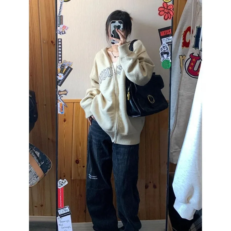 Deeptown Vintage Zippper Cardigan Women Korean Fashion Oversized Long Knit Sweater Aesthetic Harajuku Winter Long Sleeve Jumper