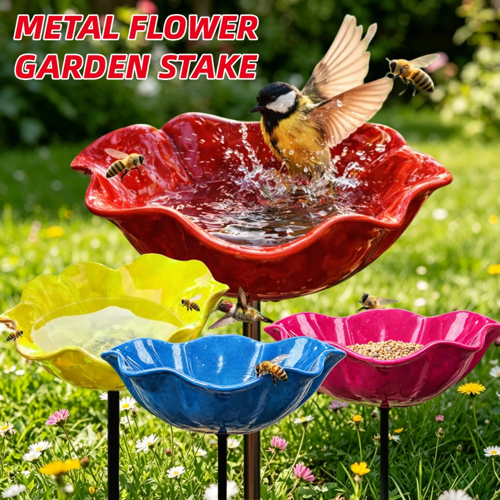 Blumenförmige Bienen-Wasserstation aus Metall, Gartenpfahl, Vogelbad, Schmetterlings-Wasserspender, Garten-Vogelbadewannen für den Außenbereich