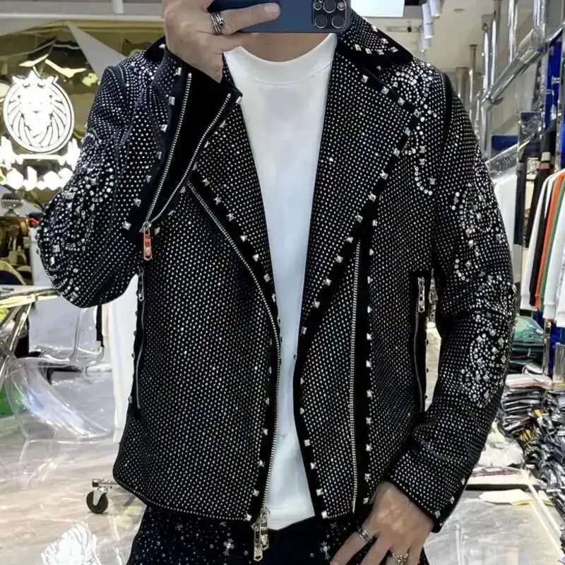 European Style Men Streetwear Jacket Fall Winter Casual Men Motorcycle Jacket Top Men Fashion Trend Star Hot Drilling Men Jacket