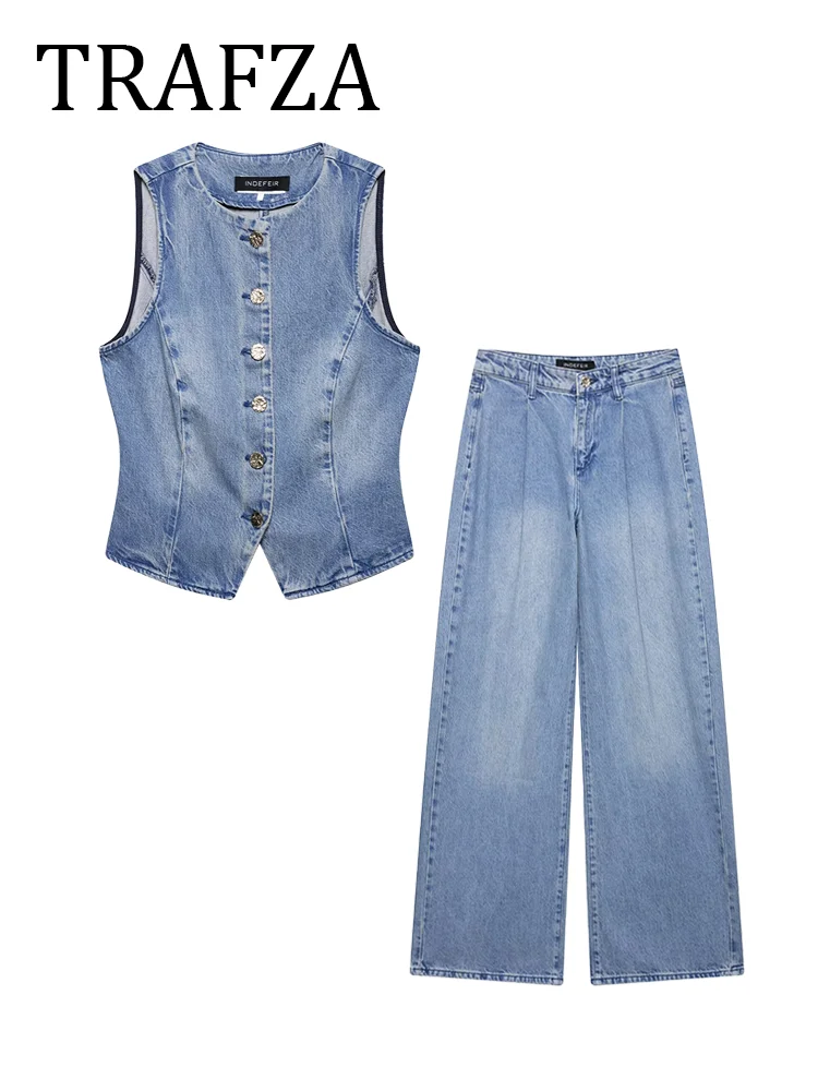 

TRAFZA Denim Vest Jeans Sets For Women 2 Pieces Outfit 2025 New Fashion O Neck Button Crop Top+ Wide Leg Jeans Suit Elegant Lady