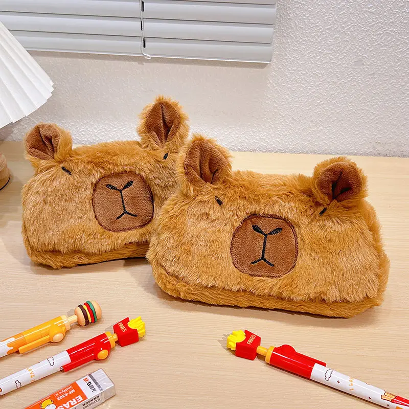 Kawaii Capybara Plush Pencil Case Large Capacity Soft Fluffy Cartoon Animal Pen Bag Cosmetic Makeup Brush Storage Pouch Kids Sch