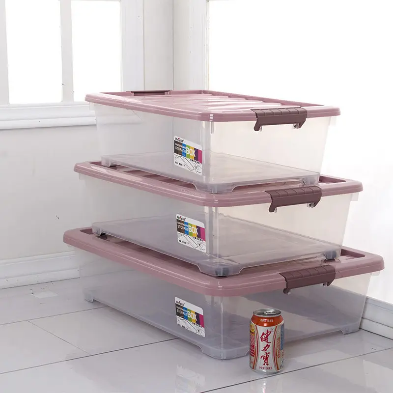 

Large Capacity Underbed Storage Box Transparent Roller Underbed Organizer Box Flat Design Wheel Mounted Plastic Storage Conta...