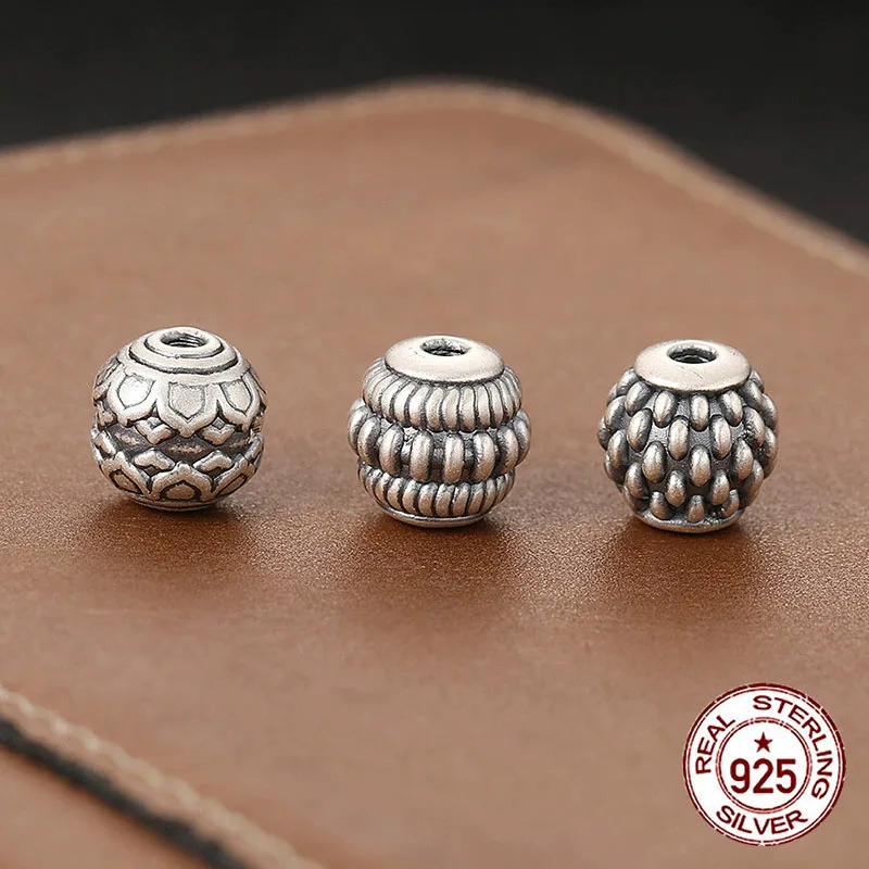 S999 pure silver drum shaped lotus patterned round beads with personalized perforated bead accessories DIY bead string full