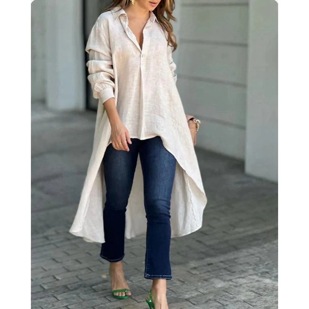 Camisa casual assimétrica de manga longa feminina, blusa com gola virada para baixo, blusa monocromática, moda elegante outwear, roupas de outono, primavera