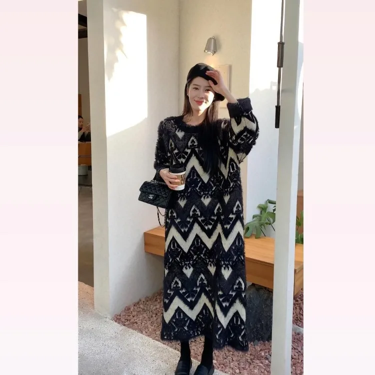 Korobov Autumn Winter Knitted Dress New Vintage Robe Knee Long Skirt Design Loose Thin Dresses Temperament Thick Women Vestidos