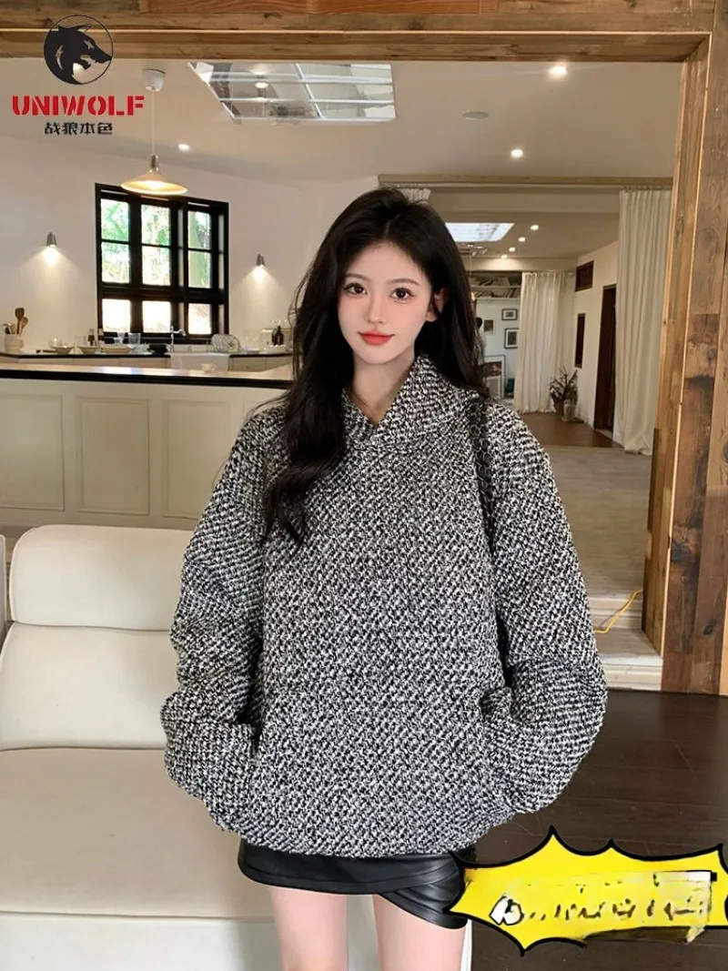 Korean Fashion Small Fragrant Style Coarse Floral Woolen Hooded Sweatshirt Women's Winter New Loose and Plush Thick Coat