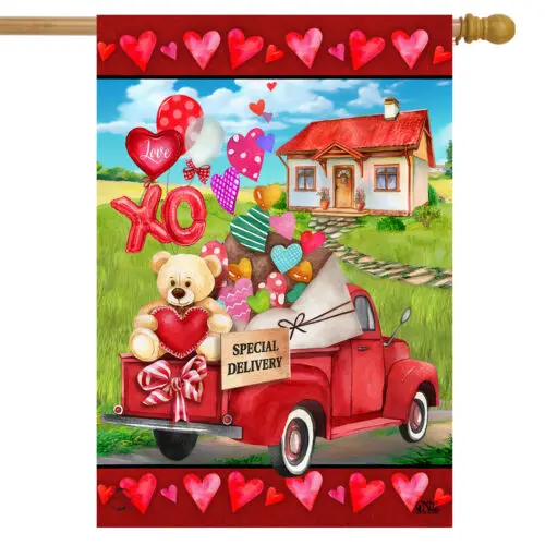 Love Filled Pickup Valentine's Day House Flag Primitive 28